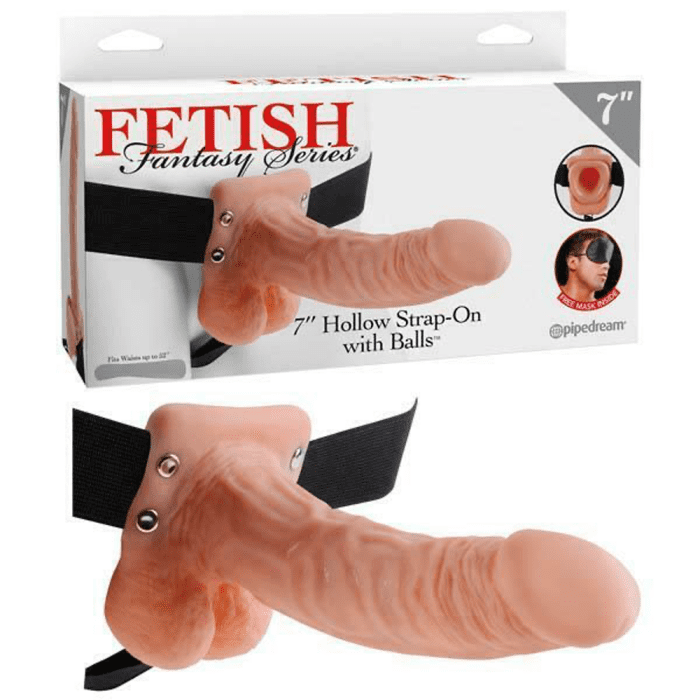 FETISH FANTASY SERIES 7" VIBRATING HOLLOW STRAP-ON WITH BALLS - LIGHT/BLACK - Imagen 2