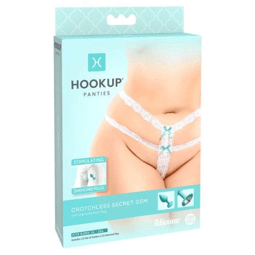 HOOKUP PANTIES CROTCHLESS SECRET GEM- FITS SIZE XL-XXL - WHITE/BLUE