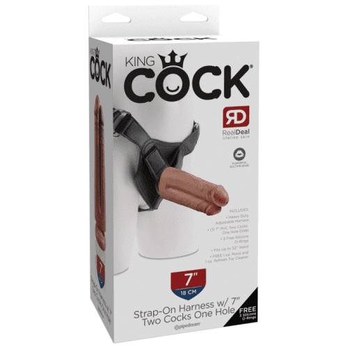 KING COCK STRAP ON HARNESS WITH 7" TWO COCKS ONE HOLE - TAN/BLACK
