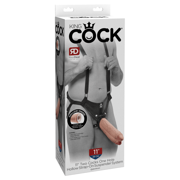 KING COCK 11" TWO COCKS ONE HOLE HOLLOW STRAP ON SUSPENDER SYSTEM - LIGHT/BLACK